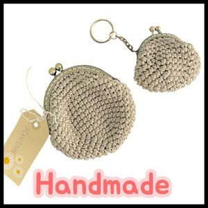 New Handmade Pewter Taupe Crochet Coin Purse Keychain Set